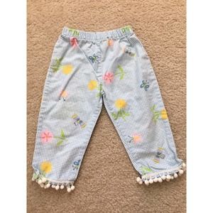 Vieni Tata Italy Girls Pants 2 Years Pom Balls Blue Plaid Gingham Butterflies